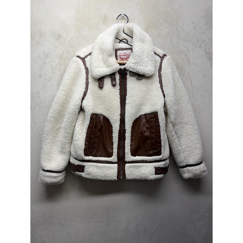 Levi's Sherpa Jacket Women's Small Fleece Coat White High Pile B-3 Moto Aviator